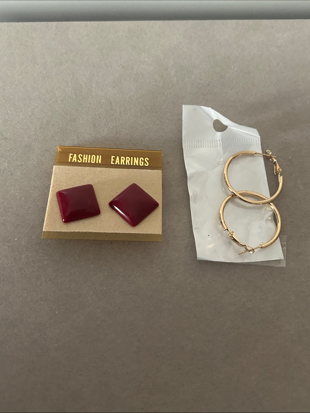 Gold Hoop and Burgundy Square Stud Set